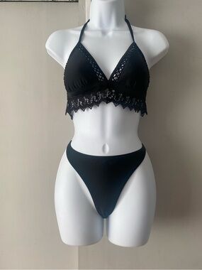 aerie Black Crochet Trim Bralette Bikini Set